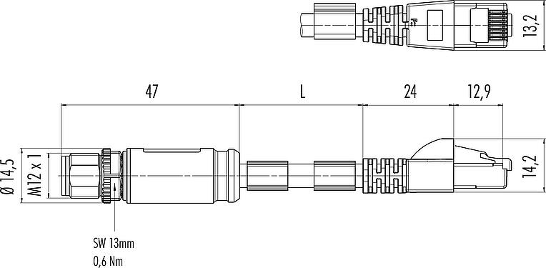 Scale drawing M12/RJ45 Connecting cable male cable connector - RJ45 connector, Contacts: 8, shielded, moulded on the cable, IP67, UL, PUR, green, AWG 26/7, 10 m