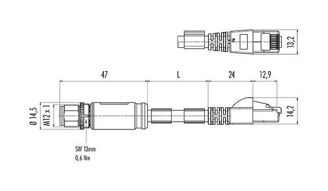Scale drawing M12/RJ45 Connecting cable male cable connector - RJ45 connector, Contacts: 8, shielded, moulded on the cable, IP67, UL, PUR, green, AWG 26/7, 5 m