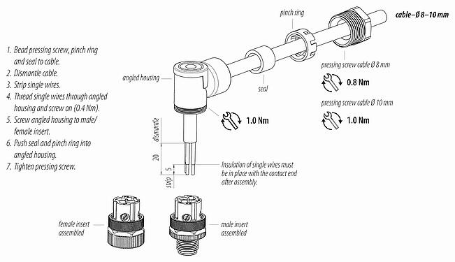 装配说明 M12 弯角针头电缆连接器, 极数: 3+PE, 8.0-10.0mm, 非屏蔽, 螺钉接线, IP67, UL 2238, VDE