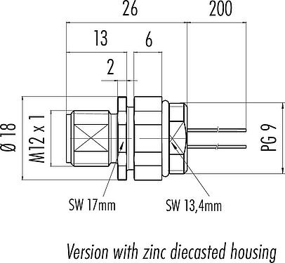 Scale drawing M12 Male panel mount connector, Contacts: 5, unshielded, single wires, IP68, UL 2238, PG 9, Front mounting