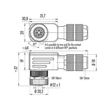 Scale drawing M12 Female angled connector, Contacts: 4, 5.0-8.0 mm, shieldable, crimping (Crimp contacts must be ordered separately), IP67, UL 2238