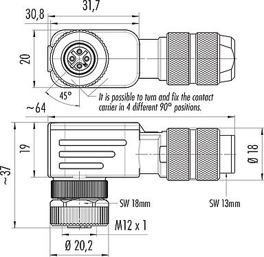 比例图 M12 弯角孔头电缆连接器, 极数: 4, 5.0-8.0mm, 可接屏蔽, 压接(压接触点必须单独订购), IP67, UL 2238