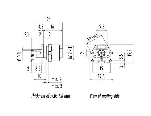 Scale drawing M12 Female panel mount connector, Contacts: 8, unshielded, THR, IP68, UL 2238, M12x1.0, Front mounting, for PCB assembly
