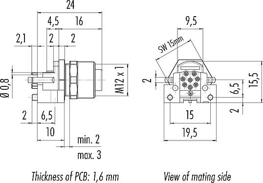 Scale drawing M12 Female panel mount connector, Contacts: 8, unshielded, THR, IP68, UL 2238, M12x1.0, Front mounting, for PCB assembly