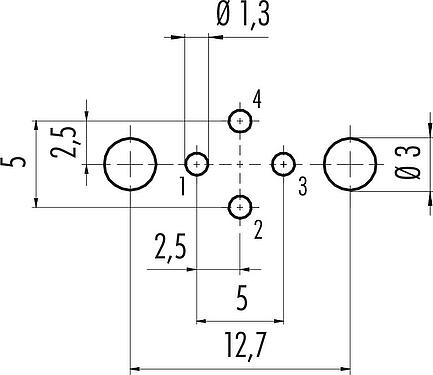Conductor layout M12 Male panel mount connector, Contacts: 4, shieldable, THT, IP68, UL 2238, PG 9, Rear mounting, potted