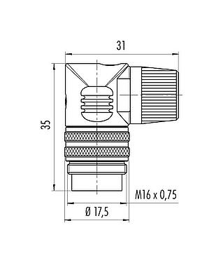 Scale drawing M16 Male angled connector, Contacts: 8 (08-a), 6.0-8.0 mm, unshielded, solder, IP40