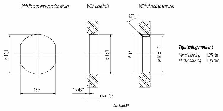 安装说明 M12 孔头法兰座, 极数: 5, 非屏蔽, 带导线, IP68, UL 2238, M16x1.5, 板前安装