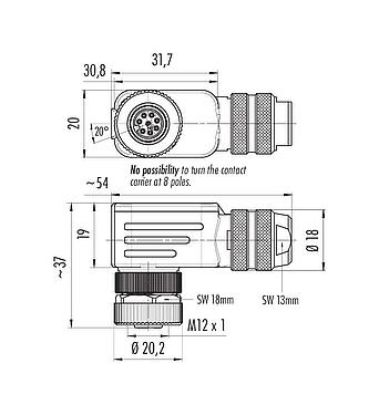Scale drawing M12 Female angled connector, Contacts: 8, 6.0-8.0 mm, shieldable, screw clamp, IP67, UL 2238, with shielding ring