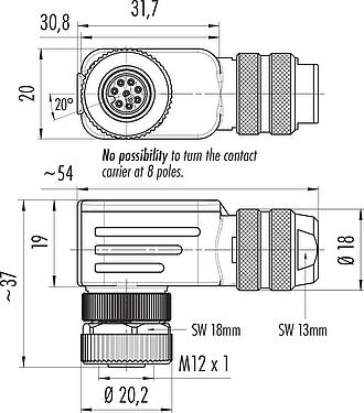 比例图 M12 弯角孔头电缆连接器, 极数: 8, 6.0-8.0mm, 可接屏蔽, 螺钉接线, IP67, UL 2238, 带防护环