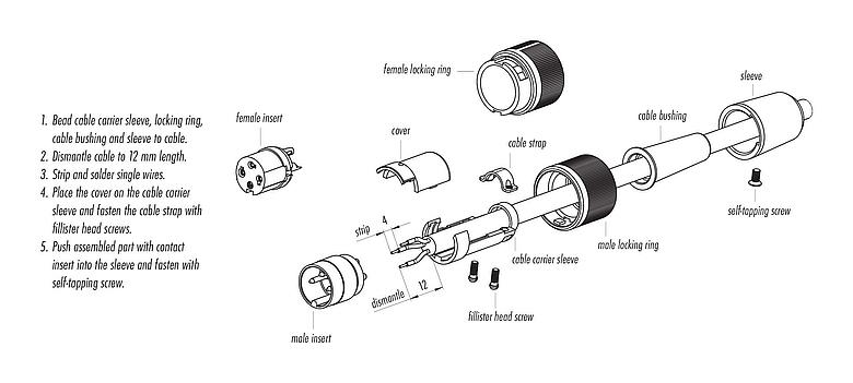 Assembly instructions Bayonet Male cable connector, Contacts: 2, 3.0-6.0 mm, unshielded, solder, IP40