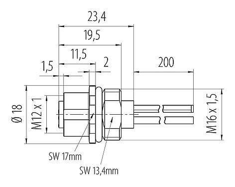 Scale drawing 76 0242 0136 00033-0200 - M12 Female panel mount connector, Contacts: 3, unshielded, single wires, IP68, UL 2238, M16x1.5