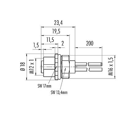 Scale drawing 09 0688 700 03 - M12 Female panel mount connector, Contacts: 2+PE, unshielded, single wires, IP68, UL, M16x1.5