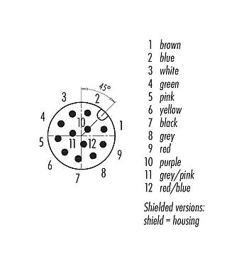 Contact arrangement (Plug-in side) M12 Male cable connector, Contacts: 12, shielded, moulded on the cable, IP67, UL 2238, PUR, black, 12 x 0.25 mm², 2 m