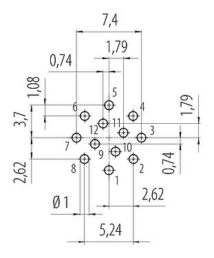 Conductor layout 99 9135 490 12 - Snap-In Male panel mount connector, Contacts: 12, unshielded, THT, IP67