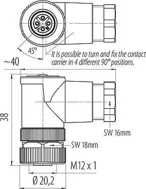 比例图 M12 弯角孔头电缆连接器, 极数: 4, 6.0-8.0mm, 非屏蔽, 压接(压接触点必须单独订购), IP67, UL 2238