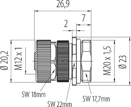 比例图 M12 孔头法兰座, 极数: 3+PE, 非屏蔽, 螺钉接线, IP68, UL 2238, VDE, M20x1.5, 板前安装