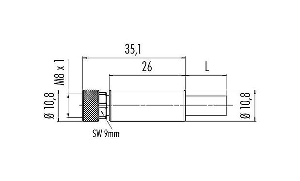 Scale drawing M8 Female cable connector, Contacts: 4, shielded, moulded on the cable, IP67, Profinet/Ethernet CAT5e, PUR, green, 4 x AWG 22, 2 m