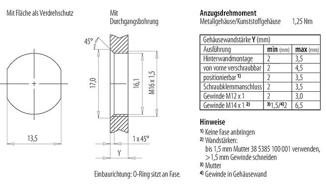 安装说明 M12 针头法兰座, 极数: 4, 非屏蔽, THT, IP68, UL 2238, M16x1.5, 後壁安裝, 模压成型