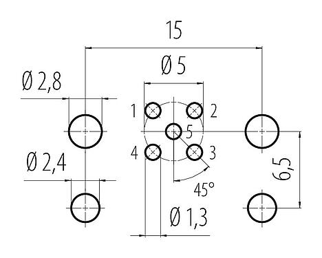 导体结构 99 3442 200 05 - M12 孔头法兰座, 极数: 5, 非屏蔽, THR, IP68, UL, 用于PCB组装