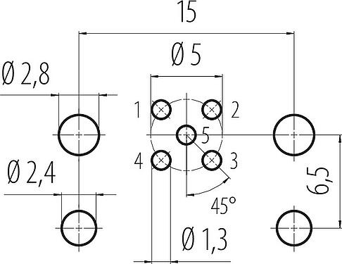 Conductor layout M12 Female panel mount connector, Contacts: 5, unshielded, THR, IP68, UL 2238, M12x1.0, Front mounting, for PCB assembly