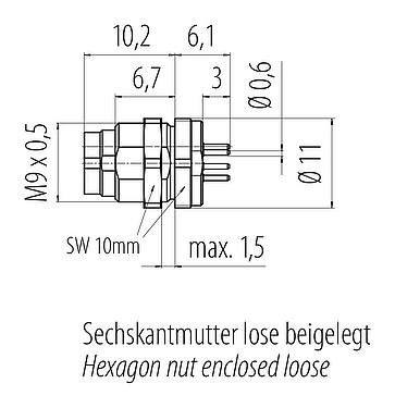 Scale drawing M9 Male panel mount connector, Contacts: 8, unshielded, THT, IP40, M9x0,5, Rear mounting