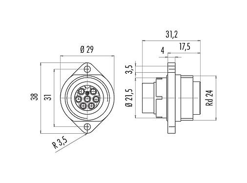Scale drawing RD24 Male panel mount connector, Contacts: 6+PE, unshielded, crimping (Crimp contacts must be ordered separately), IP67, UL, ESTI+, VDE, Front mounting