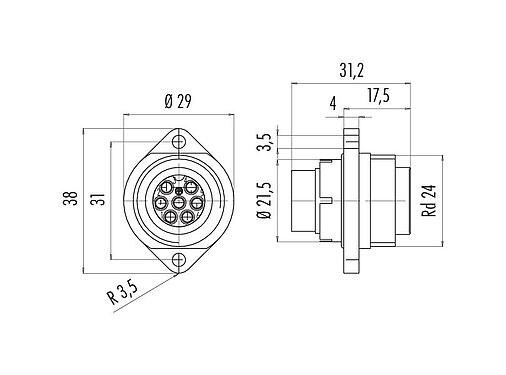 Scale drawing 09 0203 00 07 - RD24 Male panel mount connector, Contacts: 6+PE, unshielded, crimping (Crimp contacts must be ordered separately), IP67