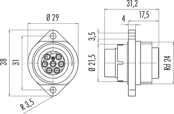 Scale drawing RD24 Male panel mount connector, Contacts: 6+PE, unshielded, crimping (Crimp contacts must be ordered separately), IP67, UL, ESTI+, VDE, Front mounting