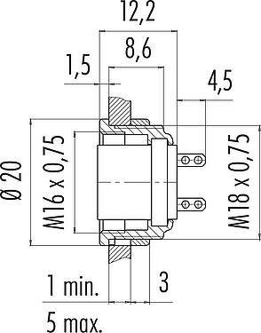 比例图 M16 孔头法兰座, 极数: 5 (05-a), 非屏蔽, 焊接, IP40, M18x0,75, 板前安装