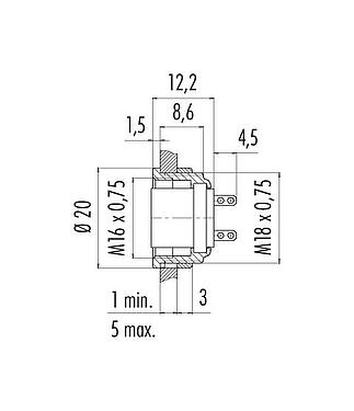 比例图 M16 孔头法兰座, 极数: 5 (05-a), 非屏蔽, 焊接, IP40, M18x0,75, 板前安装