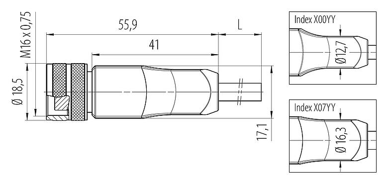 Scale drawing M16 Female cable connector, Contacts: 12, shielded, moulded on the cable, IP67, PUR, black, 12 x 0.25 mm², 2 m