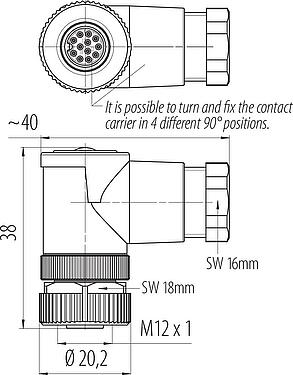Scale drawing M12 Female angled connector, Contacts: 12, 6.0-8.0 mm, unshielded, solder, IP67, UL 2238