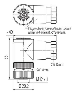 Scale drawing M12 Female angled connector, Contacts: 12, 6.0-8.0 mm, unshielded, solder, IP67, UL 2238