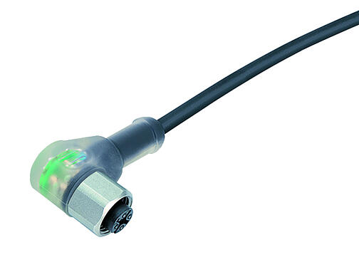 Illustration 77 3834 0000 50003-0500 - M12 Female angled connector, Contacts: 3, unshielded, moulded on the cable, IP69K, UL, PUR, black, 3 x 0.34 mm², with LED PNP, stainless steel, 5 m