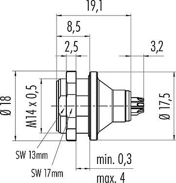 Scale drawing Push Pull Female panel mount connector, Contacts: 3, unshielded, solder, IP67, M14x0,5, Rear mounting