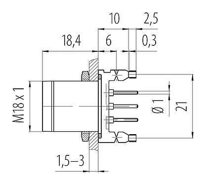 比例图 M18 针头法兰座, 极数: 4, 非屏蔽, THT, IP67, UL, M18x1,0, 後壁安裝
