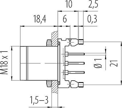 比例图 M18 针头法兰座, 极数: 4, 非屏蔽, THT, IP67, UL, M18x1,0, 後壁安裝