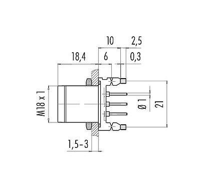 Scale drawing 09 0441 090 04 - M18 Male panel mount connector, Contacts: 4, unshielded, THT, IP67, UL, Front mounting