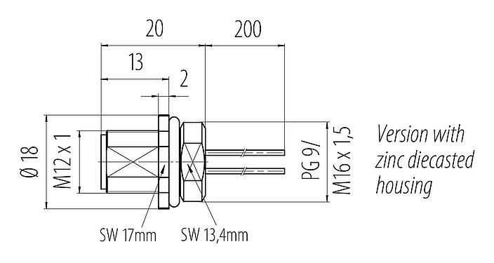 Scale drawing M12 Male panel mount connector, Contacts: 4, unshielded, single wires, IP68, UL 2238, M16x1.5, Front mounting