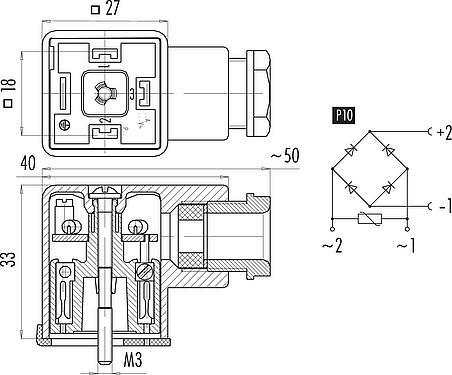比例图 设备插座, 极数: 2+PE, 6.0-8.0mm, 非屏蔽, 螺钉接线, IP40 不带密封圈, PG 9, 电路 P10