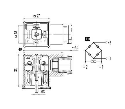 比例图 设备插座, 极数: 2+PE, 6.0-8.0mm, 非屏蔽, 螺钉接线, IP40 不带密封圈, PG 9, 电路 P10
