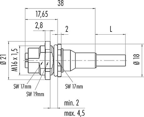 比例图 M12 孔头法兰座, 极数: 8, 屏蔽, 法兰座带电缆, IP67, UL, M16x1.5, Ethernet, PUR, 绿色, 4x2xAWG 26/7, 後壁安裝, 0.5m