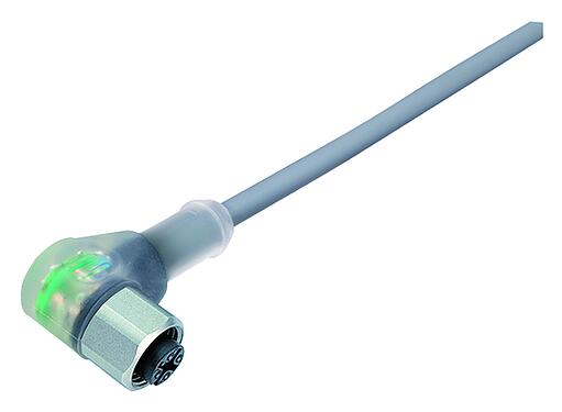 Illustration M12 Female angled connector, Contacts: 3, unshielded, moulded on the cable, IP68/IP69K, UL 2238, PVC, grey, 3 x 0.34 mm², stainless steel, 2 m