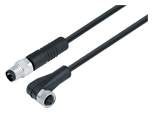 Illustration M8 Connecting cable male cable connector - female angled connector, Contacts: 4, unshielded, moulded on the cable, IP67/IP69K, UL 2238, PUR, black, 4 x 0.34 mm², 2 m