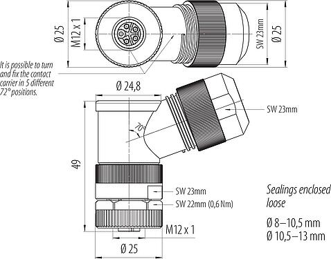比例图 M12 弯角孔头电缆连接器, 极数: 4+PE, 8.0-13.0mm, 非屏蔽, 螺钉接线, IP67, UL 2238