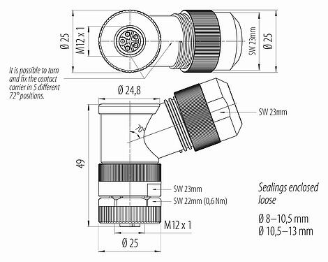 比例图 M12 弯角孔头电缆连接器, 极数: 4+PE, 8.0-13.0mm, 非屏蔽, 螺钉接线, IP67, UL 2237正在准备中, 带PE接口
