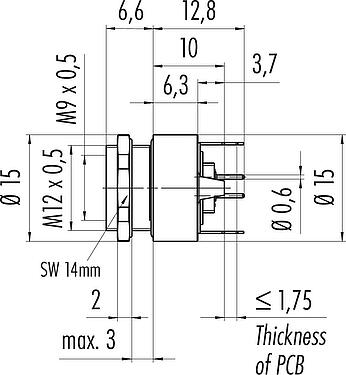 Scale drawing M9 Female panel mount connector, Contacts: 4, shieldable, THT, IP67, M12x0.5, Rear mounting, potted