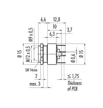 比例图 M9 孔头法兰座, 极数: 8, 可接屏蔽, THT, IP67, M12x0.5, 後壁安裝, 模压成型