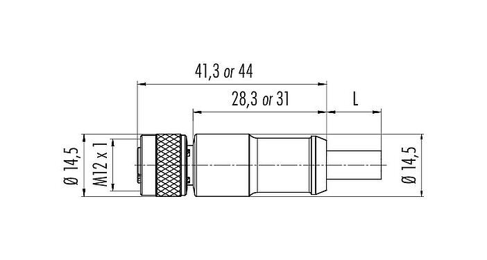 比例图 M12 直头孔头电缆连接器, 极数: 5, 屏蔽, 预铸电缆, IP67, UL 2238, PUR, 黑色, 5x0.25mm², 5m