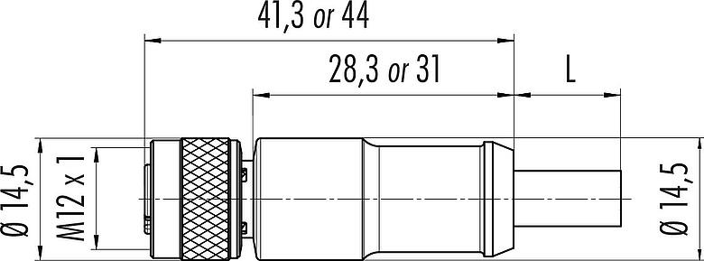 比例图 M12 直头孔头电缆连接器, 极数: 4, 屏蔽, 预铸电缆, IP67, UL 2238, PUR, 黑色, 4x0.34 mm², 2m